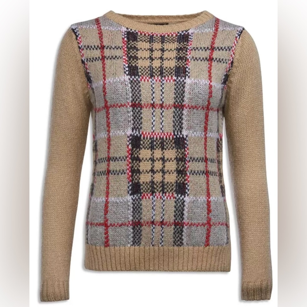 Barbour Knit Sweater Morlich Tan Beige Plaid With Mohair Wool Blend - Picture 4 of 10